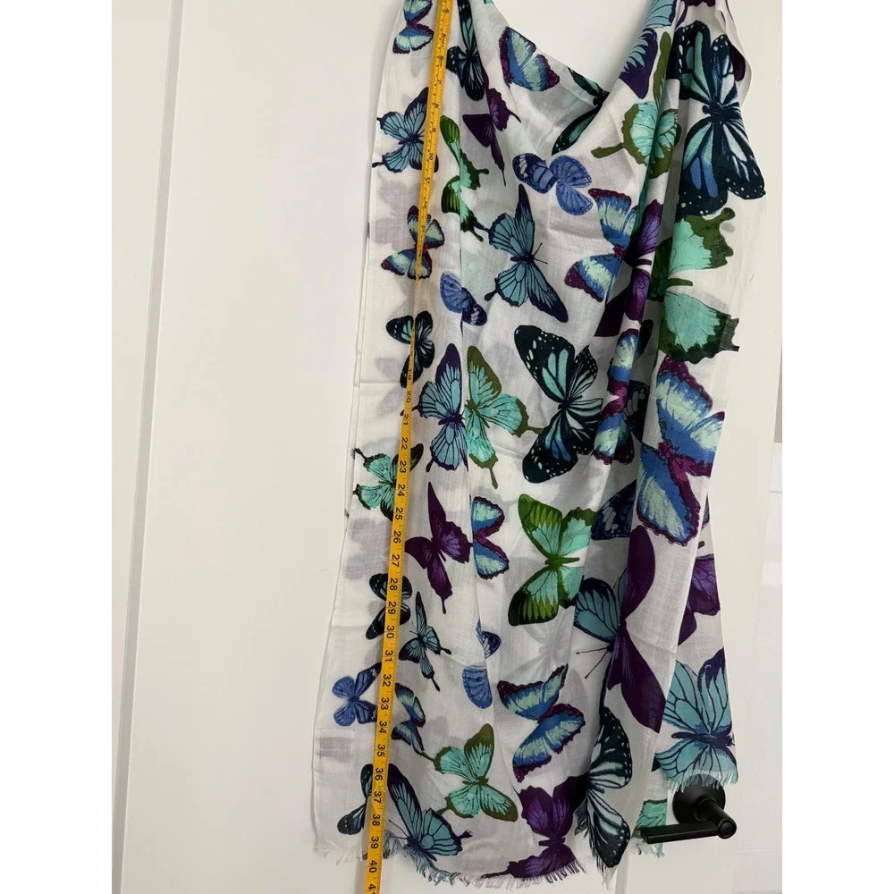 Eleni's Pop of Color Butterfly Print Modal Scarf Purple Teal Blue Frayed Edge